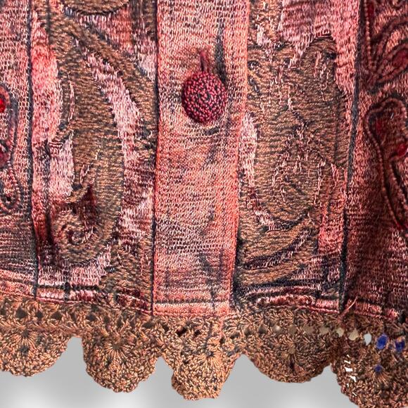 Vintage Flashback Embroidered Copper Jacket 3X Boho Crochet Hem Sequin Details - Picture 7 of 13